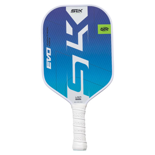 Front view of a blue and white pickleball paddle with SLK branding and a white grip.