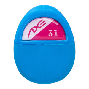 Close-up of a blue oval bat end cap with a white and pink insert showing the AXE logo and 31.