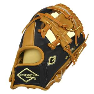 Side view of a black and tan baseball glove with GLOVESMITH logo and Elite text.