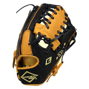 Front view of a black and tan baseball glove with gold Elite embroidery and Glovesmith logo.