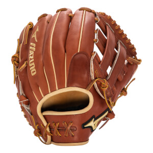 Front view of a brown baseball glove with tan lacing and gold Mizuno branding.