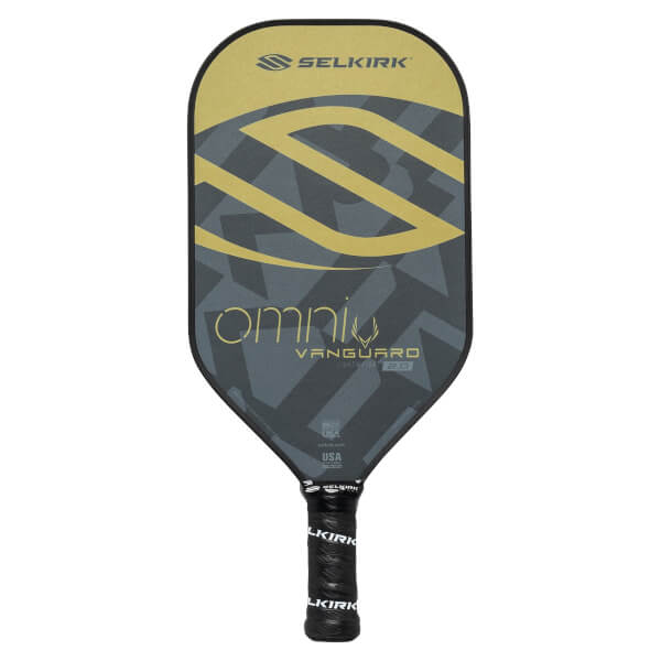 Front view of a black pickleball paddle with gold Selkirk logo, omni text, and black grip.