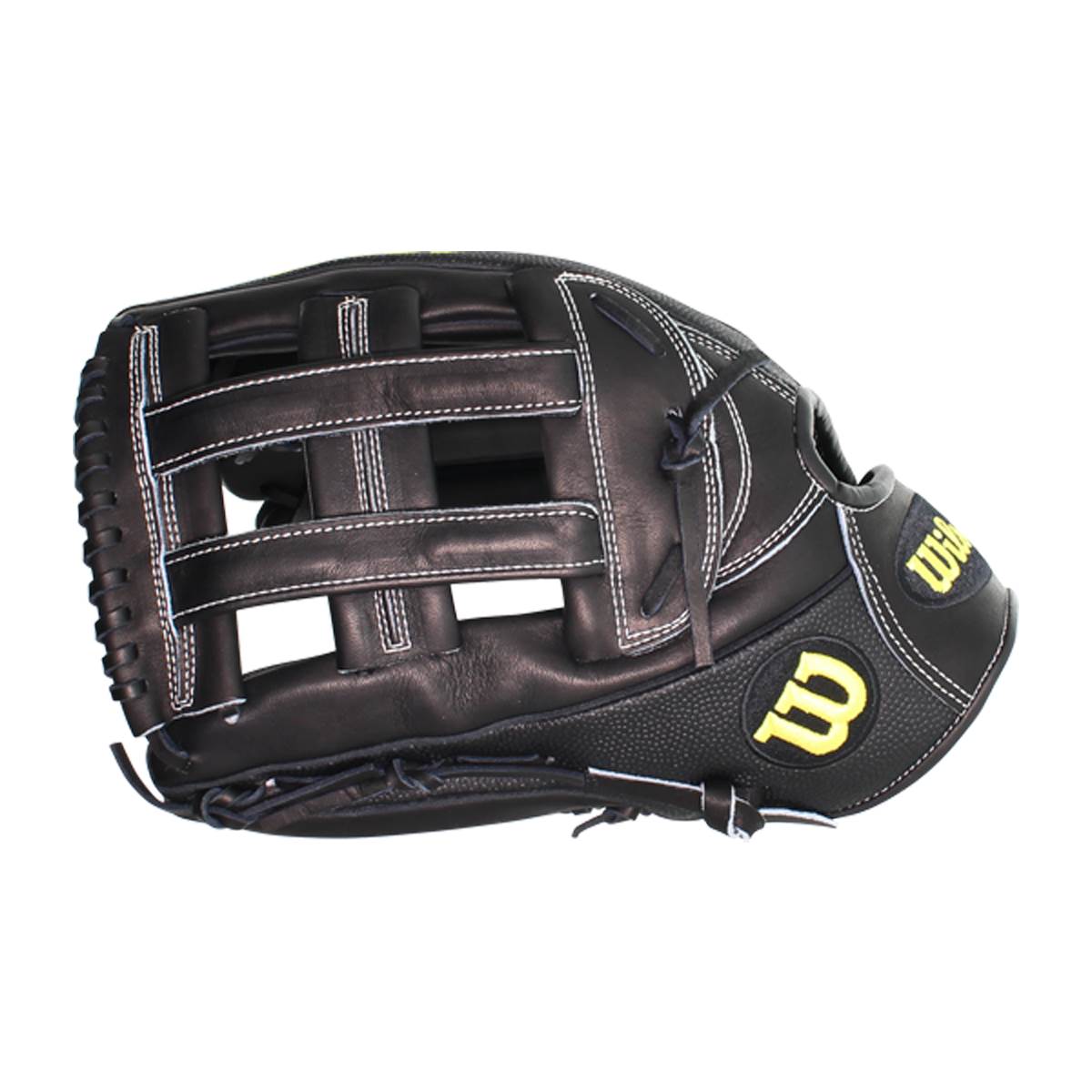 Side view of a black baseball glove with white stitching and yellow Wilson branding.