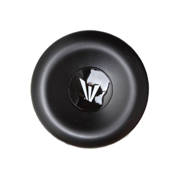 Top-down view of a black baseball bat end cap with a white Easton logo.