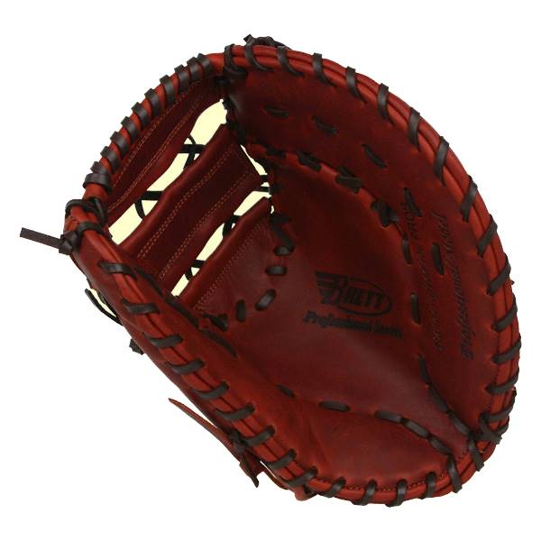 Top-down view of a red Brett Professional Series first base mitt with dark brown lacing and visible Brett logo.