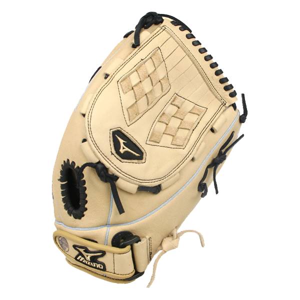 Top-down view of a tan fastpitch mitt with black lacing and two diamond-shaped web patterns.
