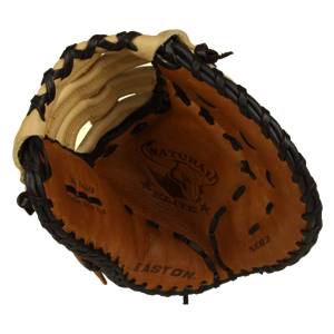 Top-down view of a tan first base mitt with black lacing, NATURAL ELITE branding, and EASTON text.