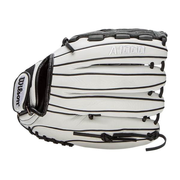 Side view of a white softball glove with black lacing and A1000 and Wilson branding.