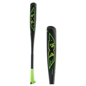 Side view of a black AXE baseball bat with green AXE logo and green grip.