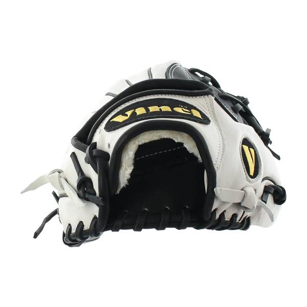 Front view of a white baseball glove with black lacing and gold Vinci branding.