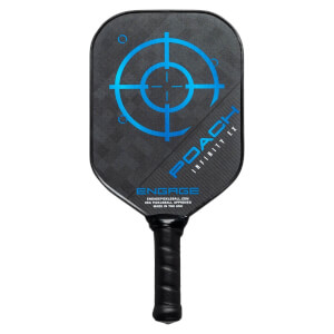 Front view of a black pickleball paddle with a blue target, POACH INFINITY EX text, and ENGAGE logo.