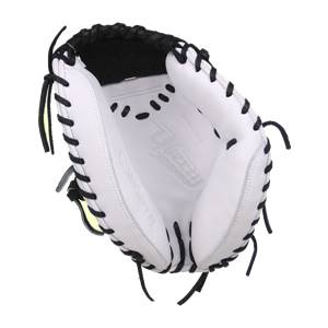 Top-down view of a white catchers mitt with black lacing and a debossed logo.