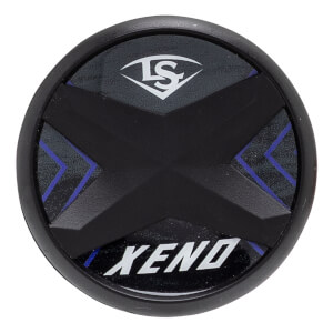 Top-down view of a black softball bat end cap with a central X-design, white LS logo, XENO text, and blue accents.