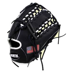 Side view of a black baseball glove with white lacing, an American flag patch, and WORTH logo.