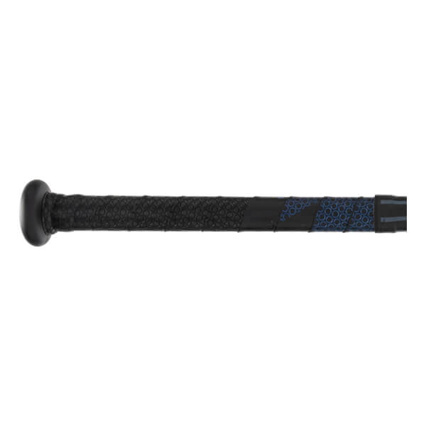 Side view of a black baseball bat with a textured grip and blue circular pattern.