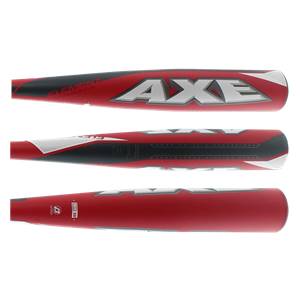 Three views of a red Axe baseball bat with silver AXE branding and black accents.