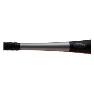 Side view of a silver baseball bat with a black grip and 1.15 stamped on the barrel.