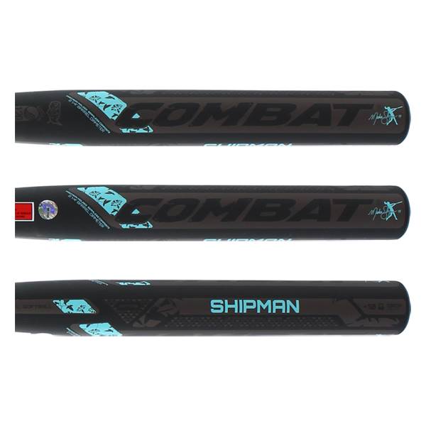 Side view of a black softball bat with COMBAT and SHIPMAN text and blue graphics.