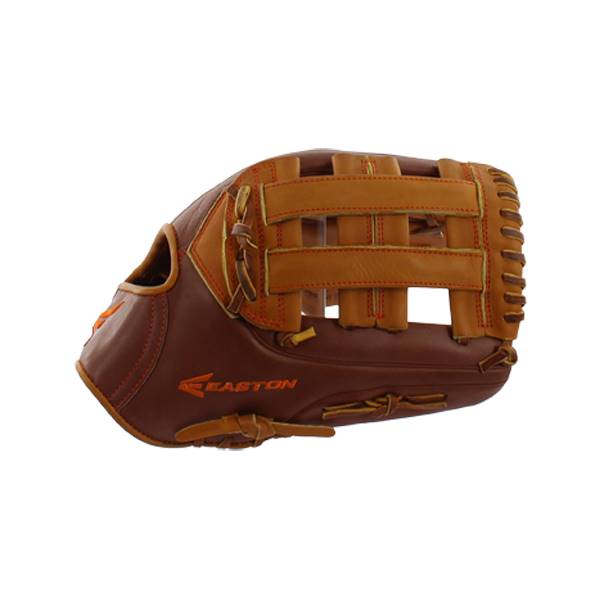 Side view of a brown baseball glove with orange stitching and EASTON logo.