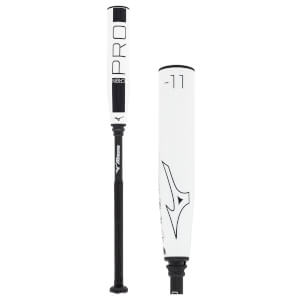 Split view of a white and black fastpitch softball bat with PRO CRBN and Mizuno logo on the barrel.