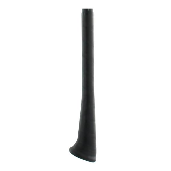 Bottom view of a black baseball bat with a flared handle and smooth finish.