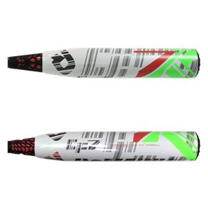 Top-down view of a white softball bat with red and green accents and barcode design.