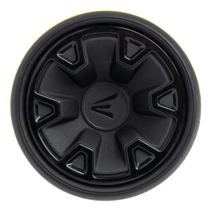Top-down view of a black baseball bat end cap with the Easton logo and a textured pattern.