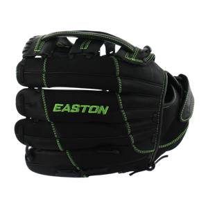 Front view of a black Easton softball glove with neon green stitching and a mesh palm.