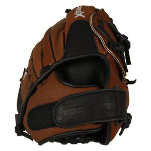 Side view of a brown baseball glove with black accents and Franklin embossed on the wrist strap.