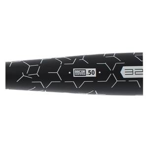 Close-up of a black baseball bat with a white geometric pattern, BBCOR CERTIFIED .50 text, and 32 marking.