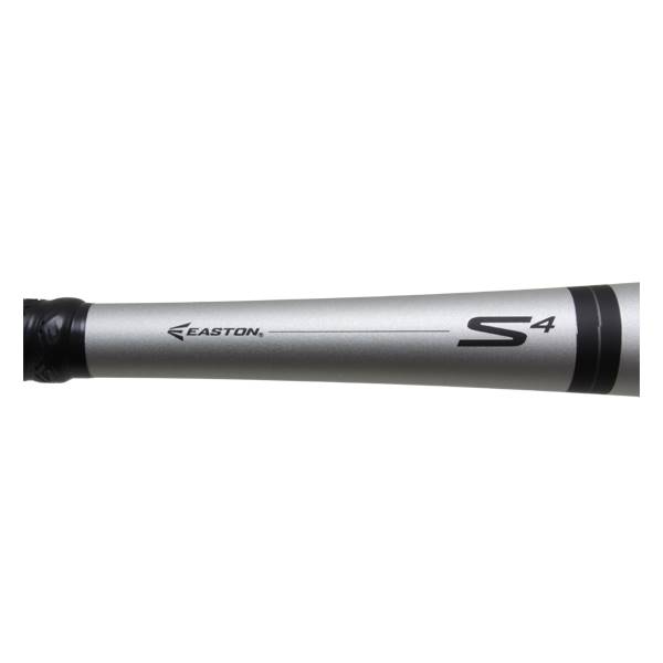 Side view of a silver baseball bat with black grip, EASTON text, and S4 logo.
