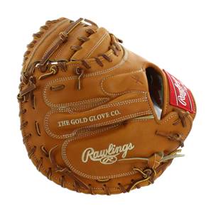 Front view of a tan Rawlings catchers mitt with THE GOLD GLOVE CO. and Rawlings text.