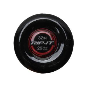 Top-down view of a black baseball bat end cap with RIP-IT branding, 32in, and 29oz.