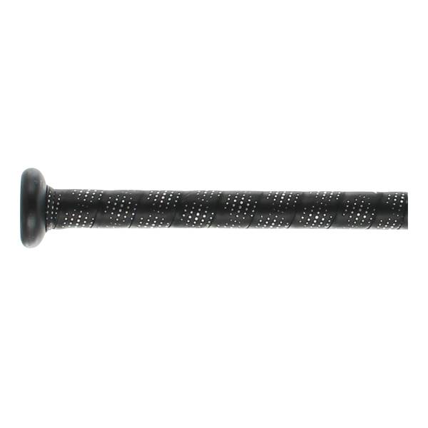 Side view of a black baseball bat with a perforated grip and rounded knob.