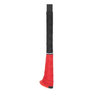 Close-up of a black and red baseball bat grip with white accent band.