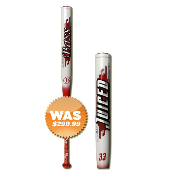 Side view of a white and red slow pitch softball bat with JUICED and 33 visible.