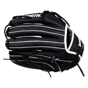 Side view of a black baseball glove with white stitching and WORTH branding.