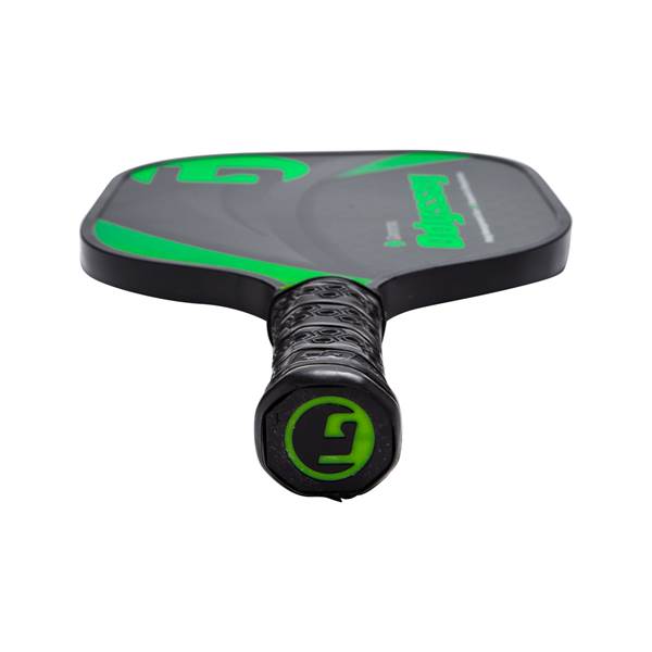 Top-down view of a black pickleball paddle with green accents and a textured grip.