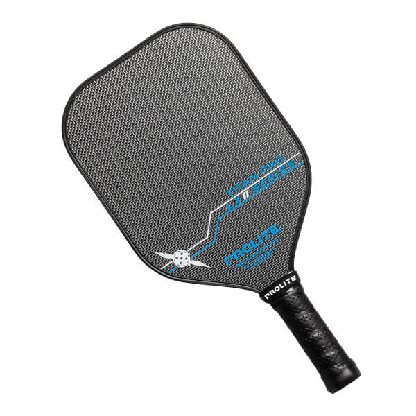 Top-down view of a black pickleball paddle with a textured surface, blue PROLITE branding, and a black grip.