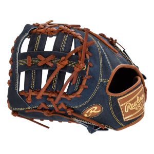 Front view of a blue denim baseball mitt with brown lacing and Rawlings branding.