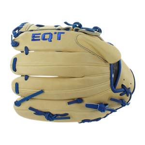 Front view of a tan baseball glove with blue lacing and EQT branding.