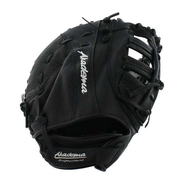 Corner view of a black Akadema first base mitt with white embroidered branding.
