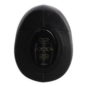 Top-down view of a black baseball bat end cap with 32 INCH, AXE, 29 OUNCE, and CHINA text.