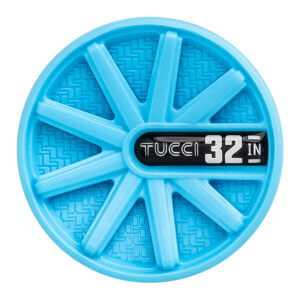 Top-down view of a light blue bat end cap with a radial spoke design and TUCCI 32 IN printed in the center.