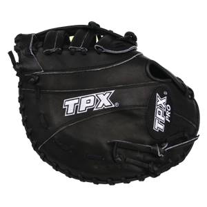 Front view of a black baseball mitt with white TPX branding and a deep pocket.