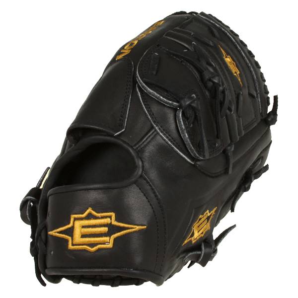 Side view of a black Easton baseball glove with gold embroidered logos and lacing.