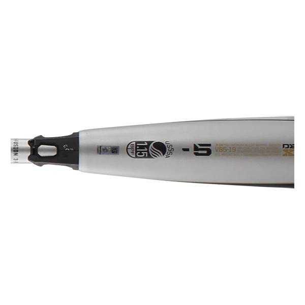 Close-up of a silver baseball bat with USSSA 1.15 BPF and VBS-19 markings.