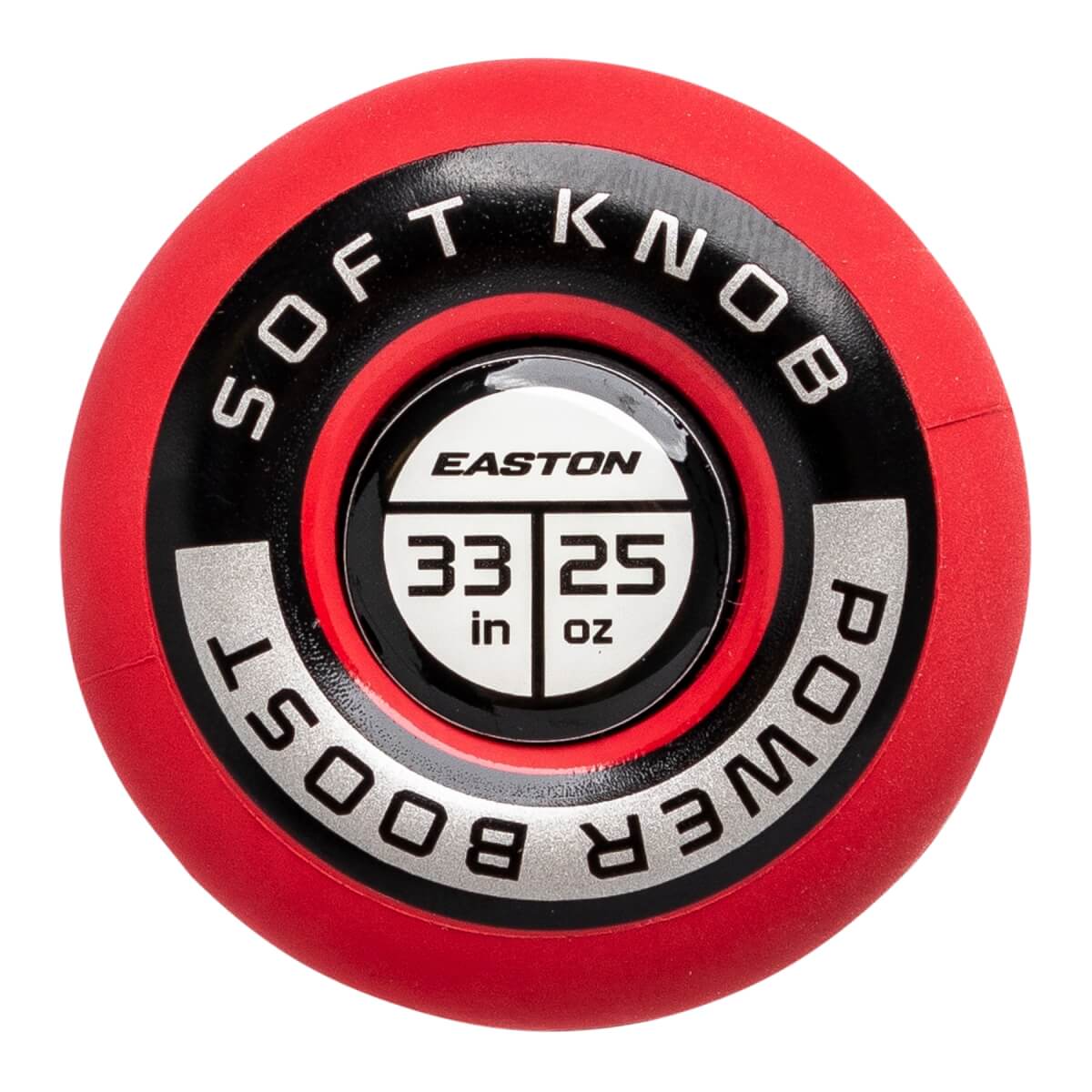 Top-down view of a red softball bat knob with a central Easton logo, 33 in 25 oz text, and SOFT KNOB POWER BOOST around the edge.