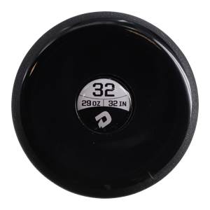End view of a black baseball bat with 32, 29 OZ, 32 IN, and a DeMarini logo.