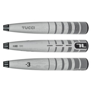 Three barrel-side views of a silver and grey striped Tucci Torino baseball bat featuring prominent text including TUCCI, TORINO, and -3.